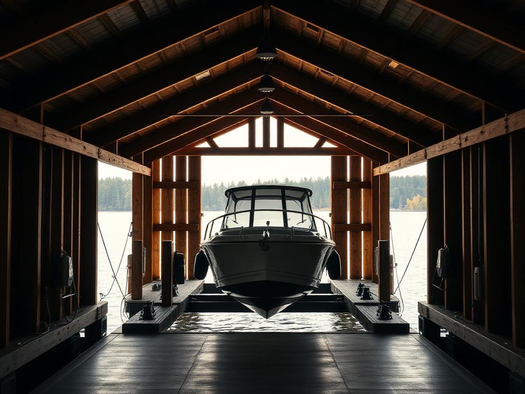 Boat on a lift inside a covered wooden boathouse