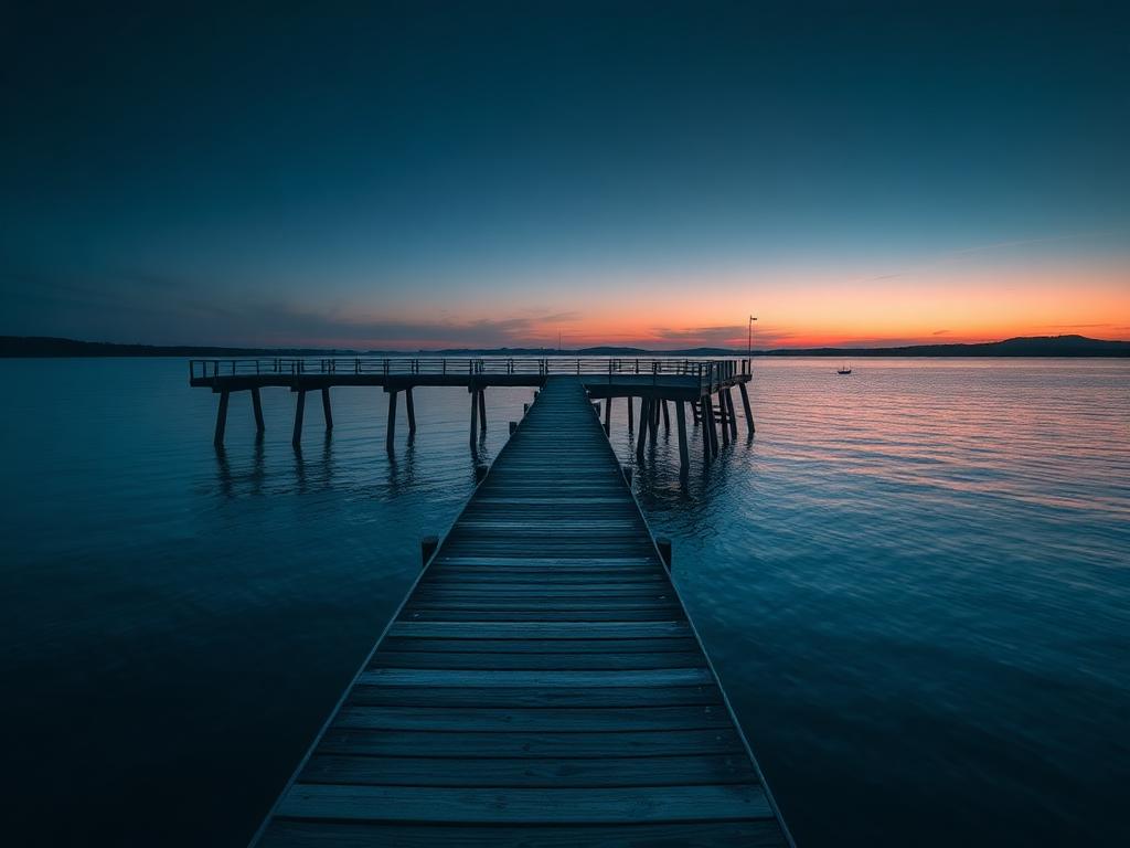 Wooden pier extending over a calm lake at dusk